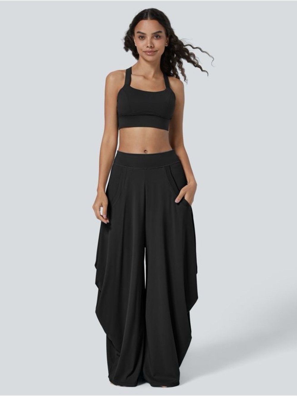 Halara Black Mid-rise Draped Wide Leg Pants